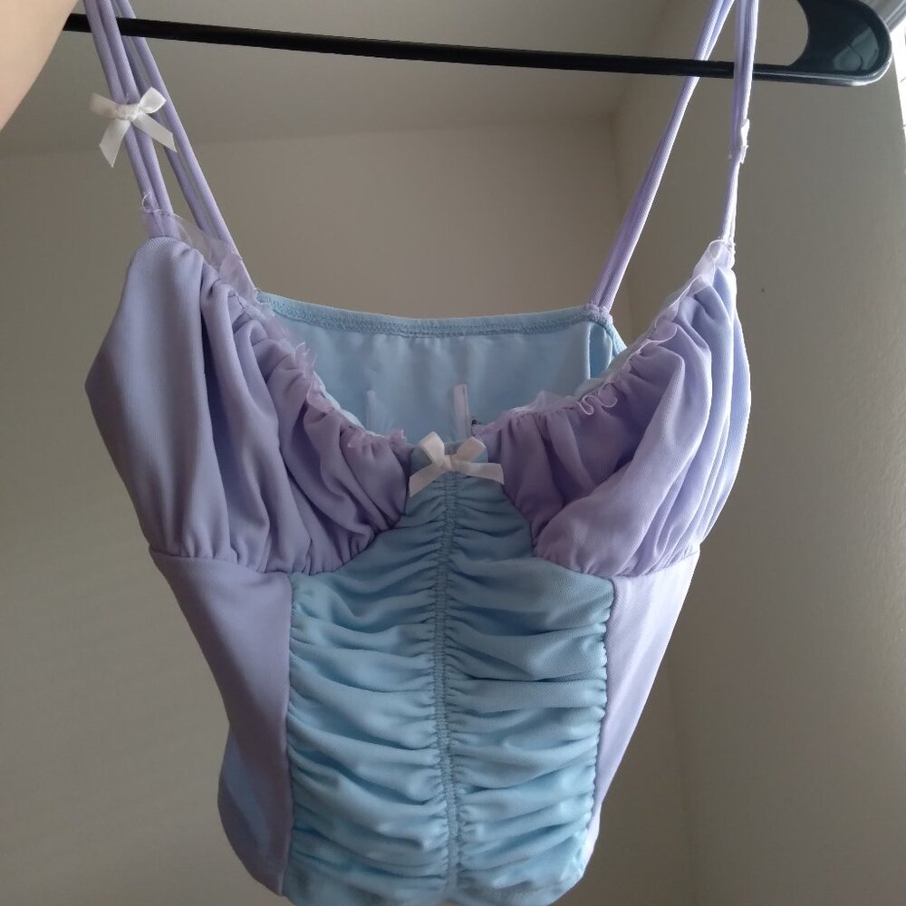 Princess Polly Purple and Blue Cropped Bustier Top with Bow Detail Size Small